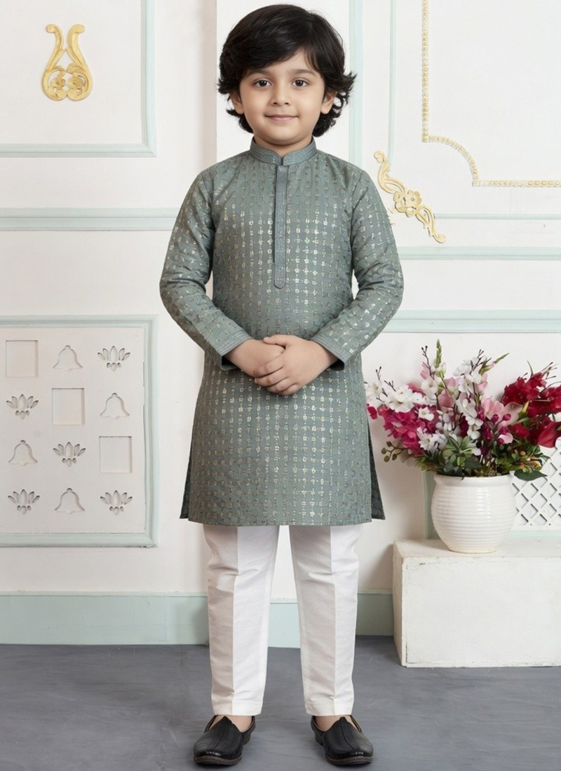 Green Silk Embroidered Kurta Pyjama For Boys Festive Wear