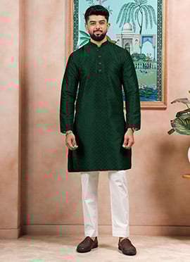 Green Silk Embroidered Kurta Pyjama For Men