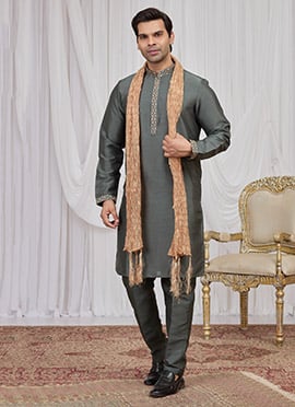 Green Silk Embroidered Kurta Pyjama Festive Wear
