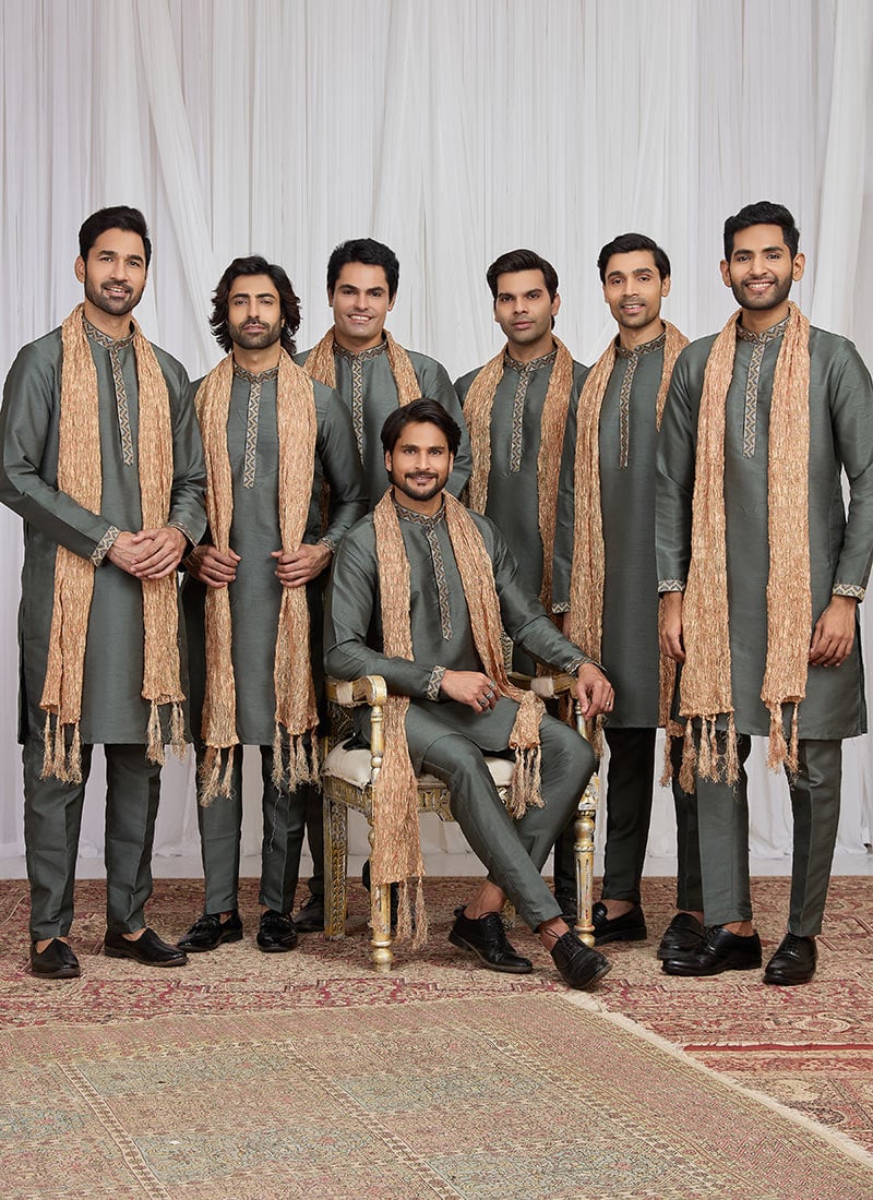 Green Silk Embroidered Kurta Pyjama Festive Wear