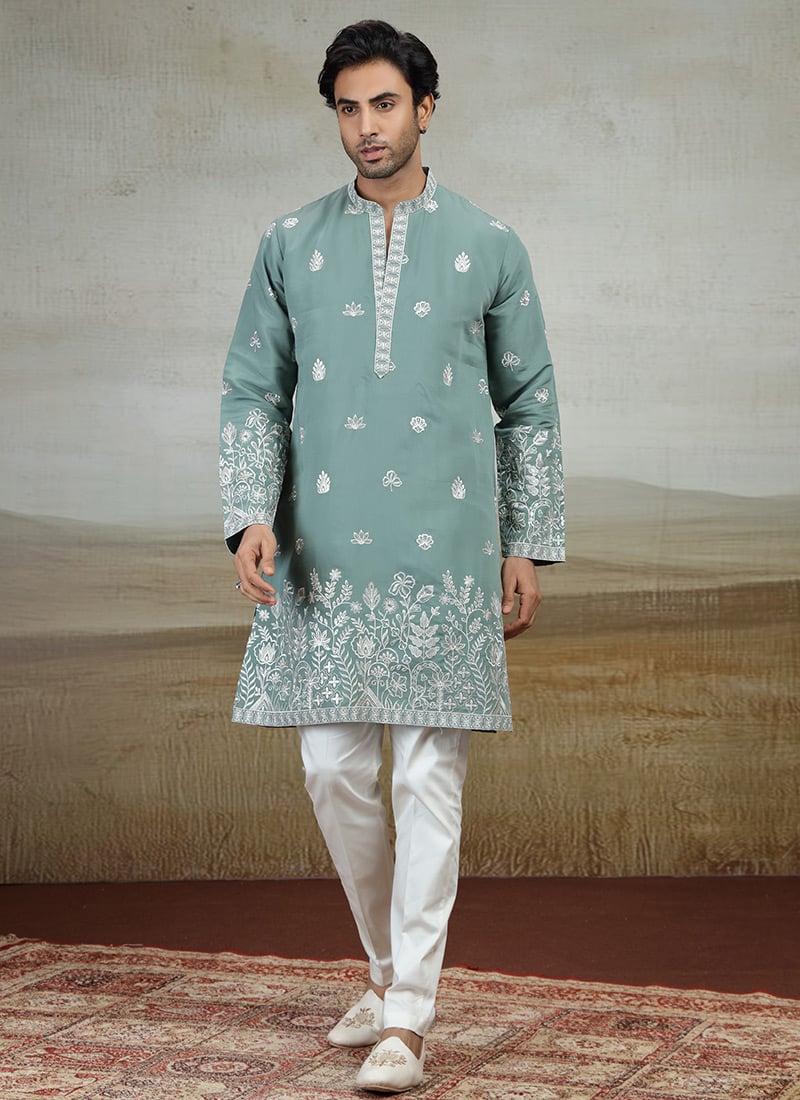 Green Silk Embroidered Kurta Pyjama Festive Wear