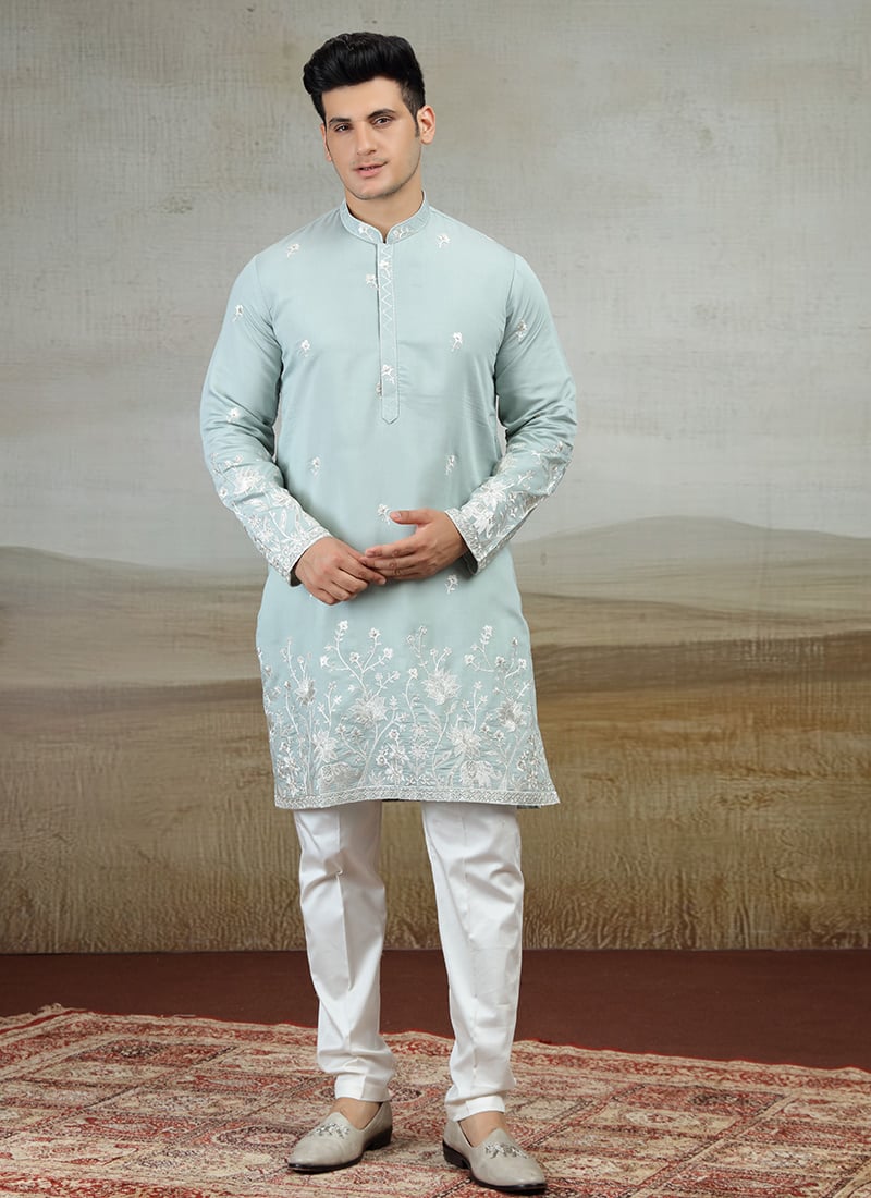 Green Silk Embroidered Kurta Pyjama Festive Wear