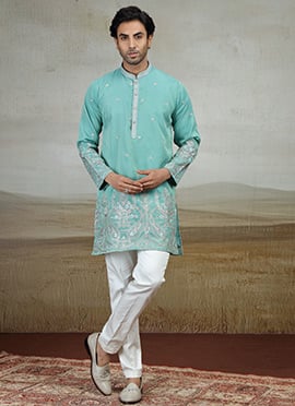 Green Silk Embroidered Kurta Pyjama