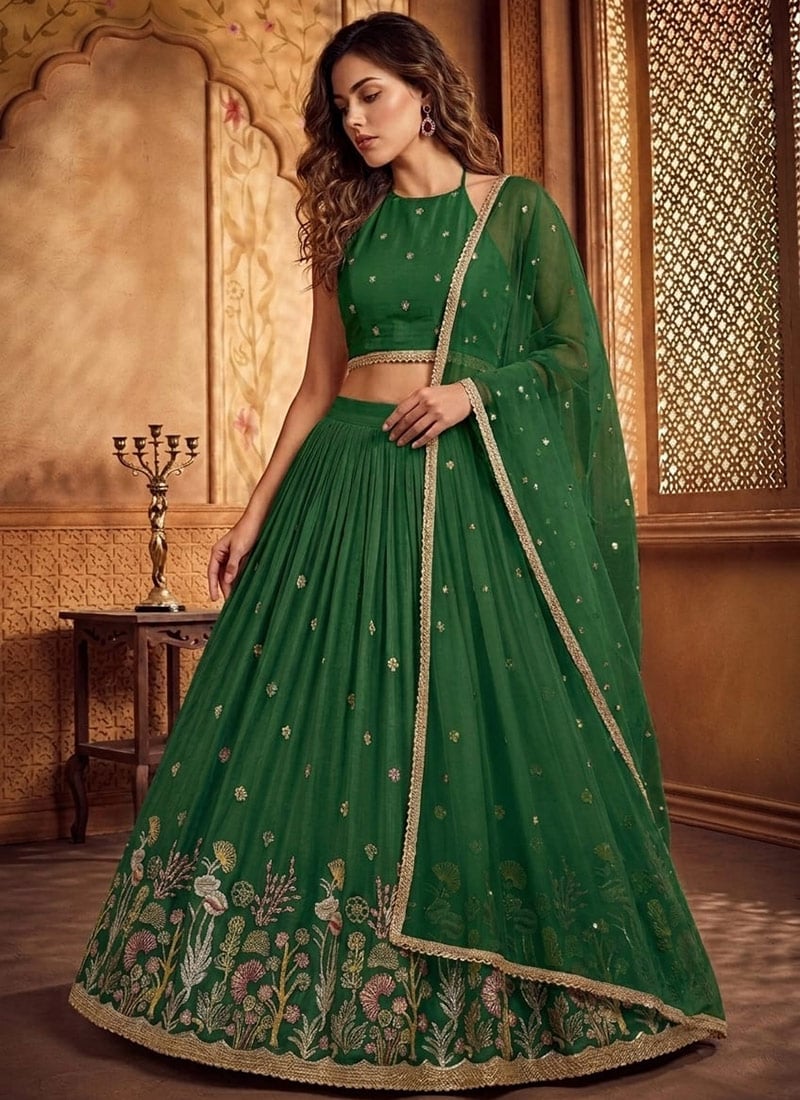 Green Silk Embroidered Lehenga Wedding Wear