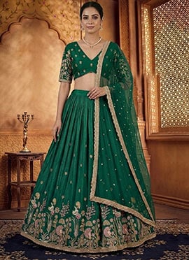 Green Silk Embroidered Lehenga