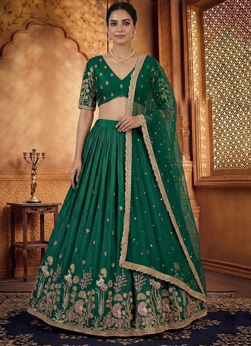 Green Silk Embroidered Lehenga Wedding Wear