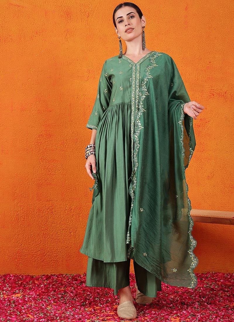 Green Silk Embroidered Palazzo Suit Festive Wear
