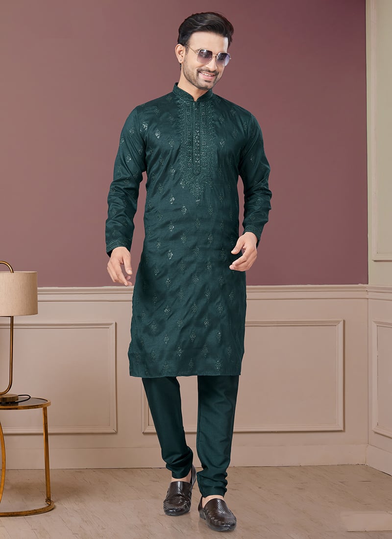 Green Silk Embroidered Sequin Mens Kurta Pyjama Set Festive Wear