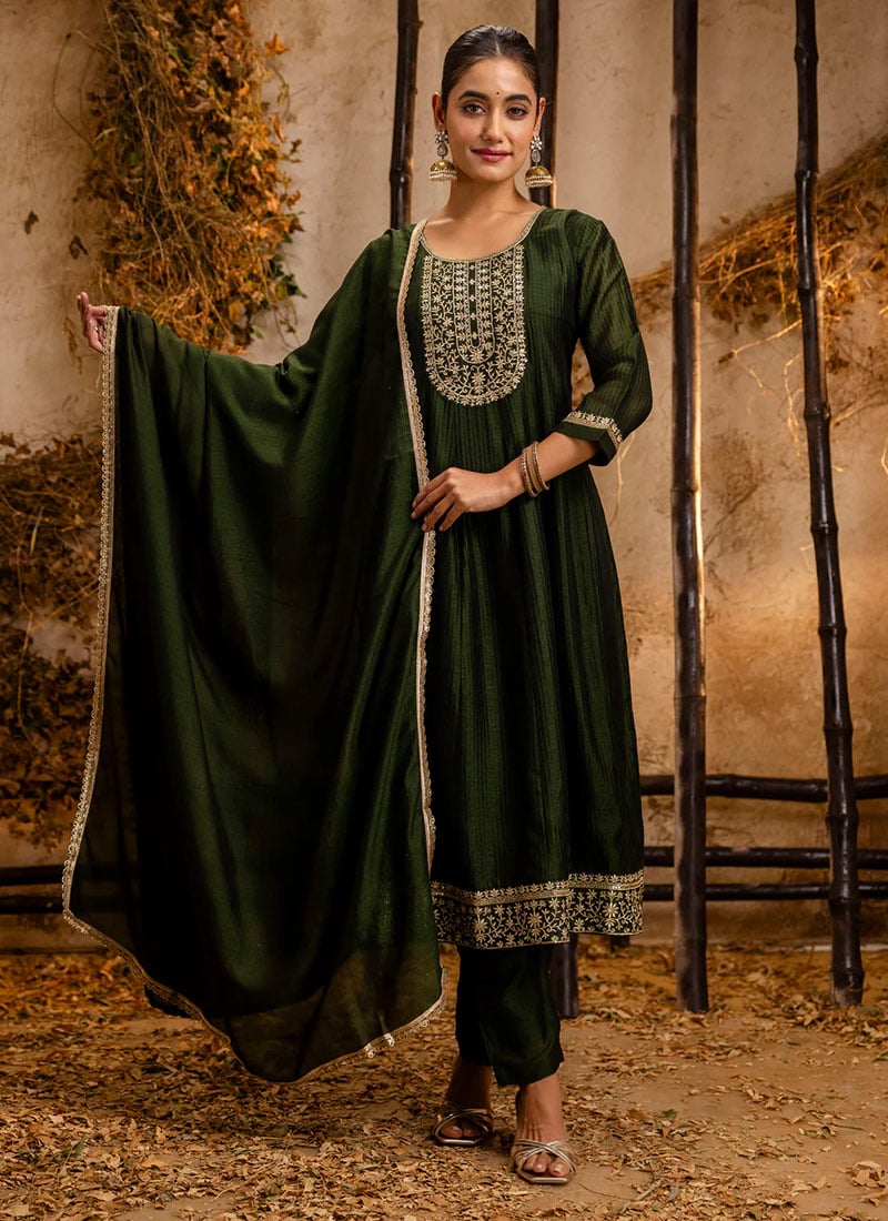Green Silk Embroidered Sequins A Line Straight Pant Suit Festive Wear