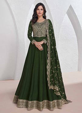 Green Silk Embroidered Sequins Anarkali Gown