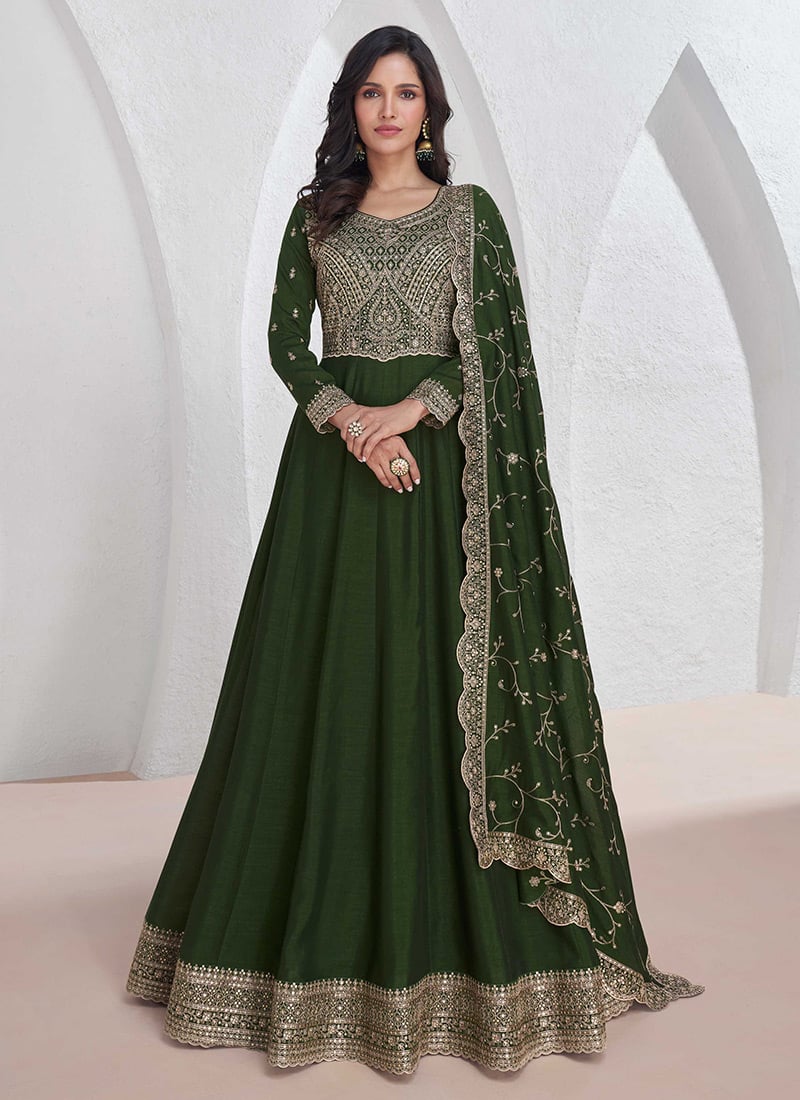 Green Silk Embroidered Sequins Anarkali Gown Party Wear-BGWRSCC51039944