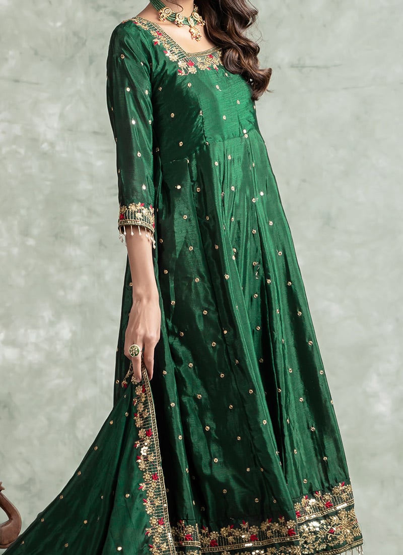 Hunter Green Pant style Anarkali Semi-Stitched Salwar Kameez