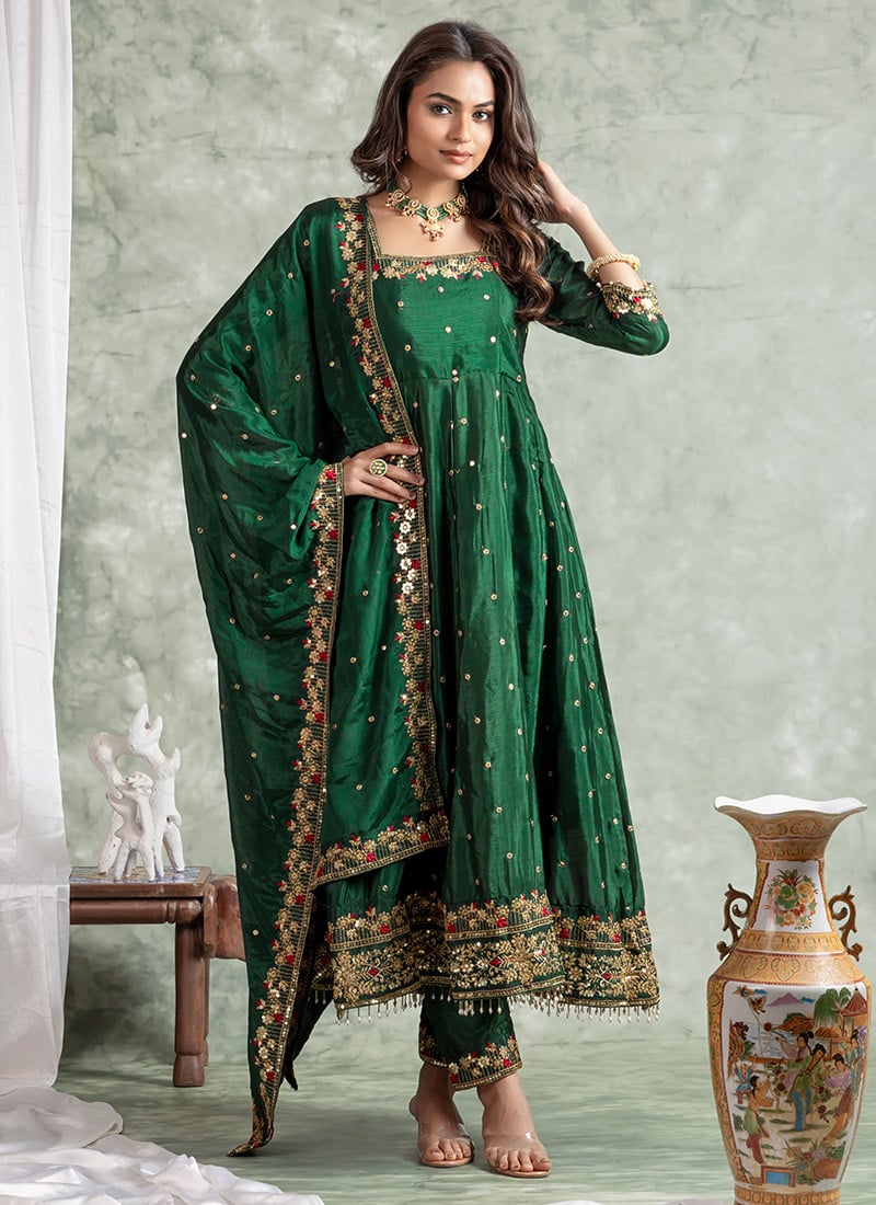 Green Silk Embroidered Sequins Anarkali Suit Festive Wear