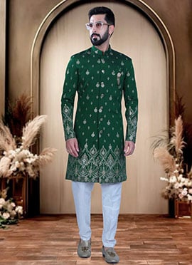 Green Silk Embroidered Sequins Indowestern Sherwani  For Men