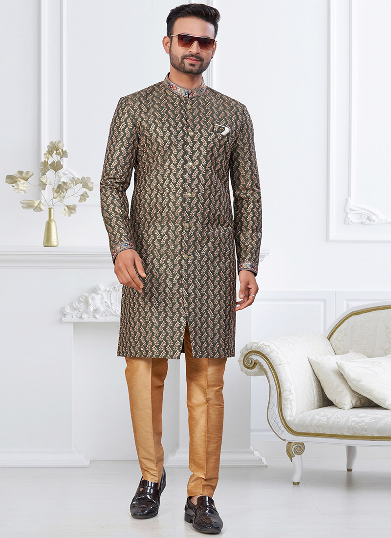 Green Silk Embroidered Sequins Indowestern Sherwani Wedding Wear