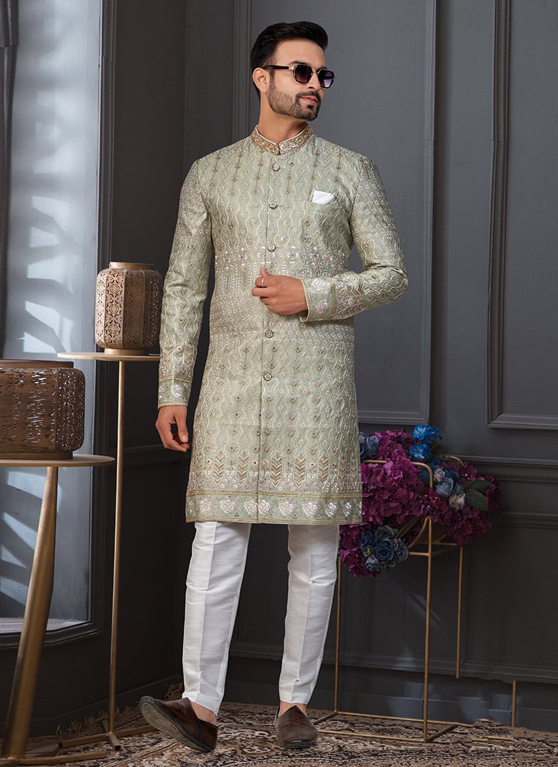 Green Silk Embroidered Sequins Indowestern Sherwani Wedding Wear