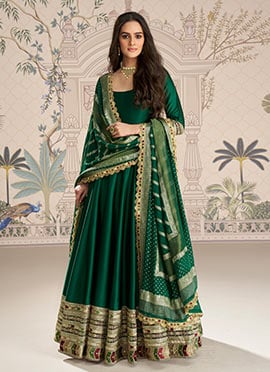 Green Silk Embroidered Sequins Jacquard And Gota Work Abhaya Style Anarkali Suit
