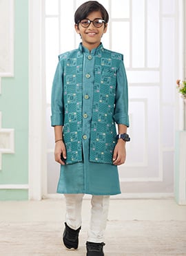 Green Silk Embroidered Sequins Kids Boys Bandi Set