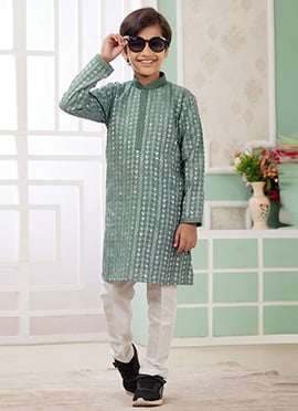 Green Silk Embroidered Sequins Kids Boys Kurta Pyjama