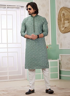 Green Silk Embroidered Sequins Kurta Pyjama For Men