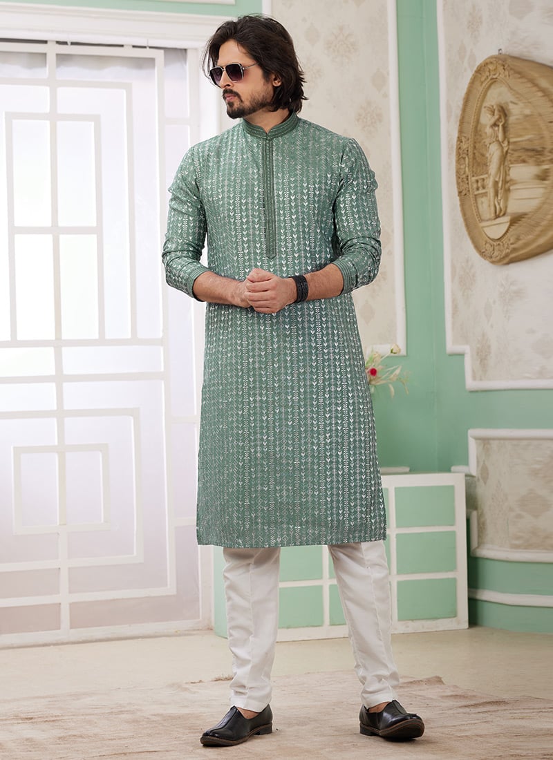 Green Silk Embroidered Sequins Kurta Pyjama For Men Festive Wear