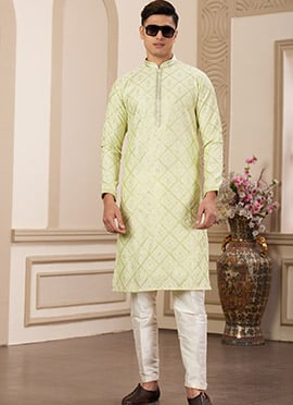 Green Silk Embroidered Sequins Kurta Pyjama