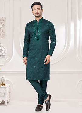 Green Silk Embroidered Sequins Kurta Pyjama