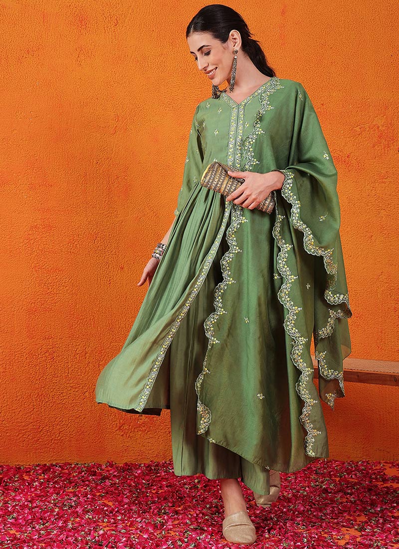 Green Silk Embroidered Sequins Palazzo Suit Festive Wear