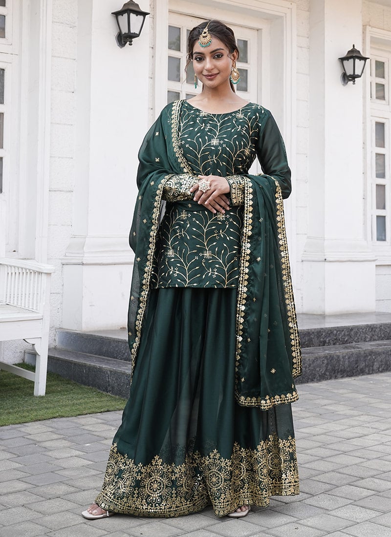 Green Silk Embroidered Sequins Palazzo Suit