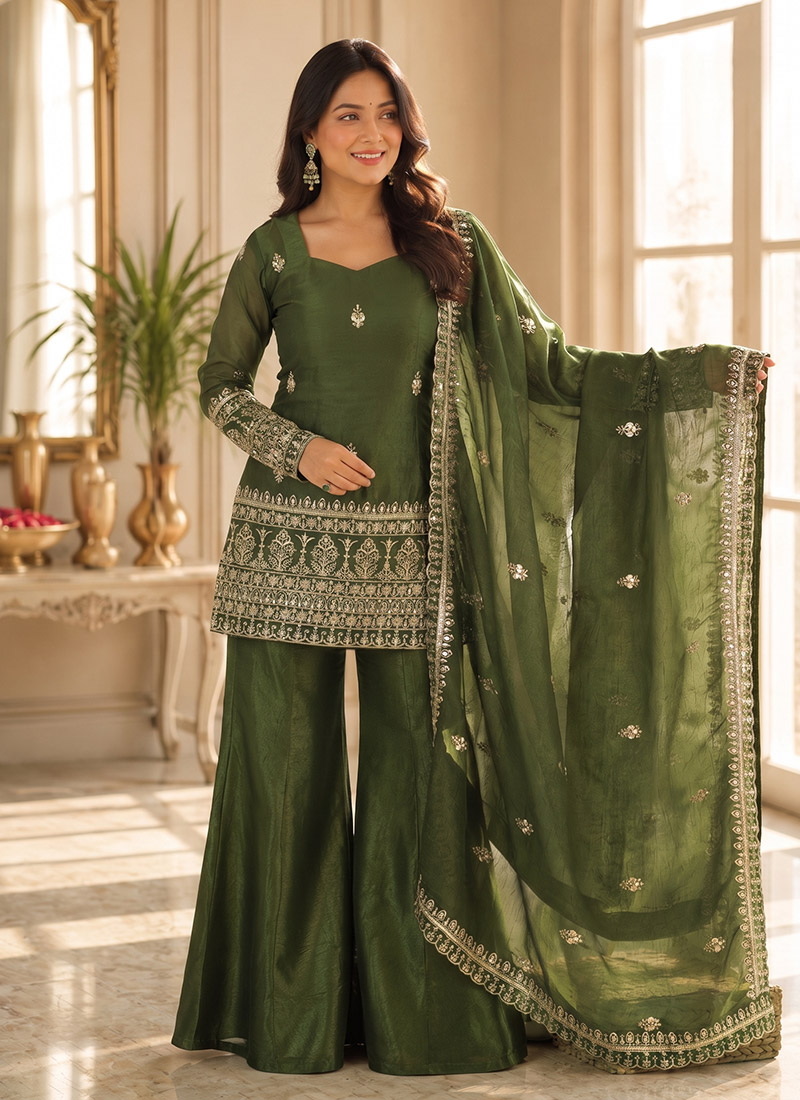 Green Silk Embroidered Sequins Palazzo Suit After Six Wear