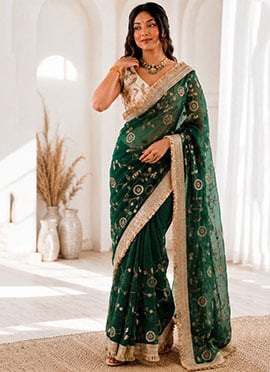 Green Silk Embroidered Sequins Saree