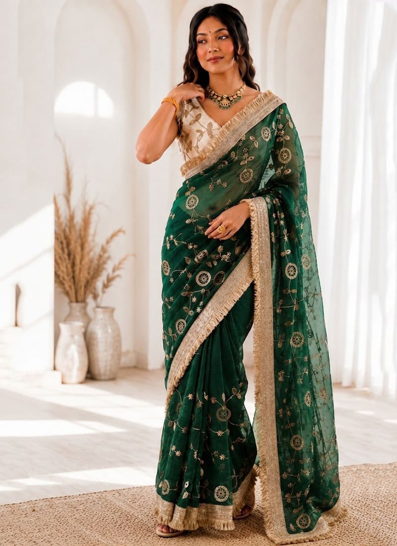 Green Silk Embroidered Sequins Saree Festive Wear