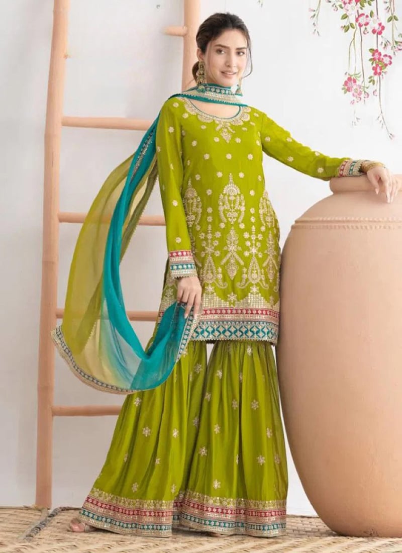 Green Silk Embroidered Sequins Sharara Suit Festive Wear