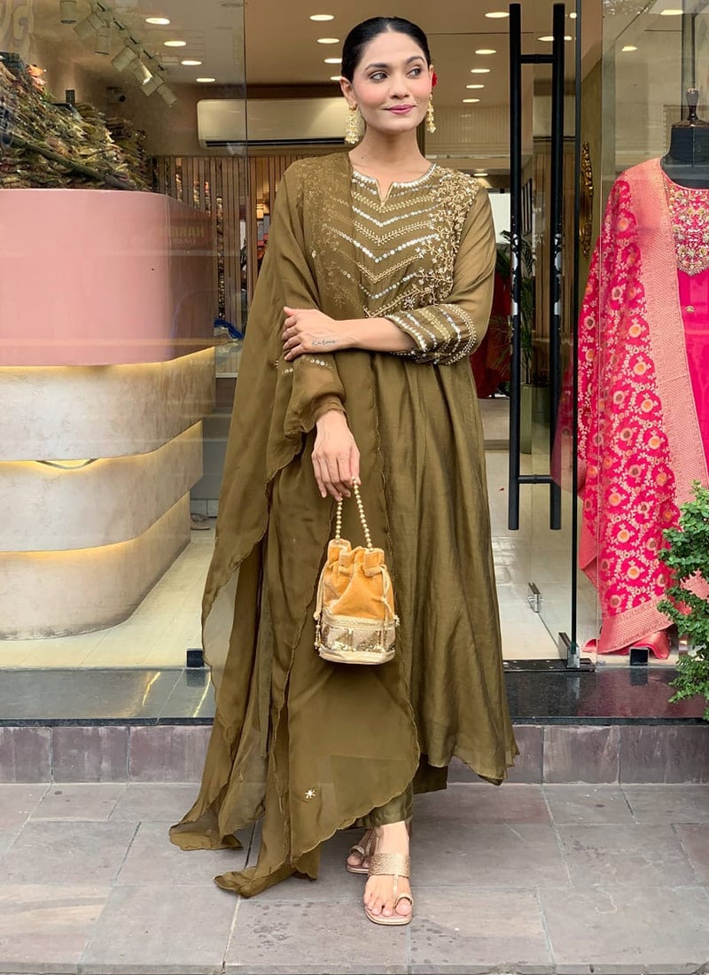 Green Silk Embroidered Sequins Straight Pant Suit Festive Wear