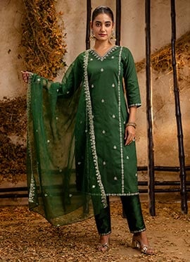 Green Silk Embroidered Sequins Straight Pant Suit