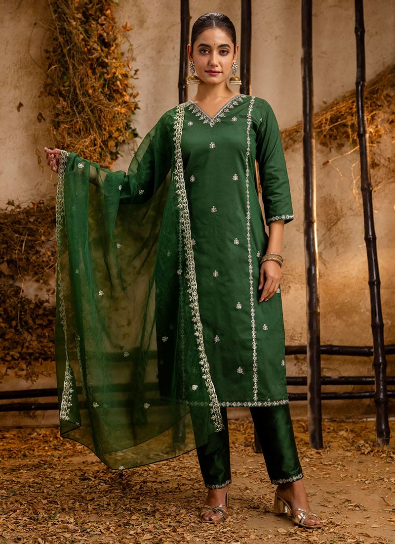 Green Silk Embroidered Sequins Straight Pant Suit After Six Wear