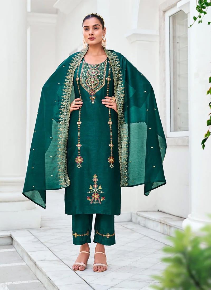 Green Silk Embroidered Sequins Straight Pant Suit Festive Wear