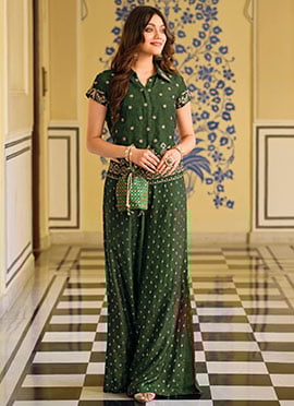 Green Silk Embroidered Sequins Stylish Indowestern Palazzo Set
