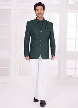 Green Silk Embroidered Sequins Thread Bandhgala Jacket