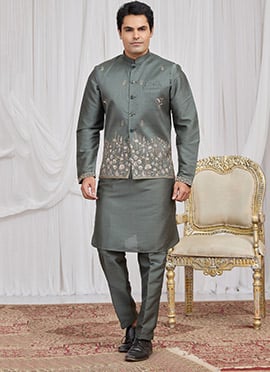 Green Silk Embroidered Sequins Thread Bandi Set Festive Wear