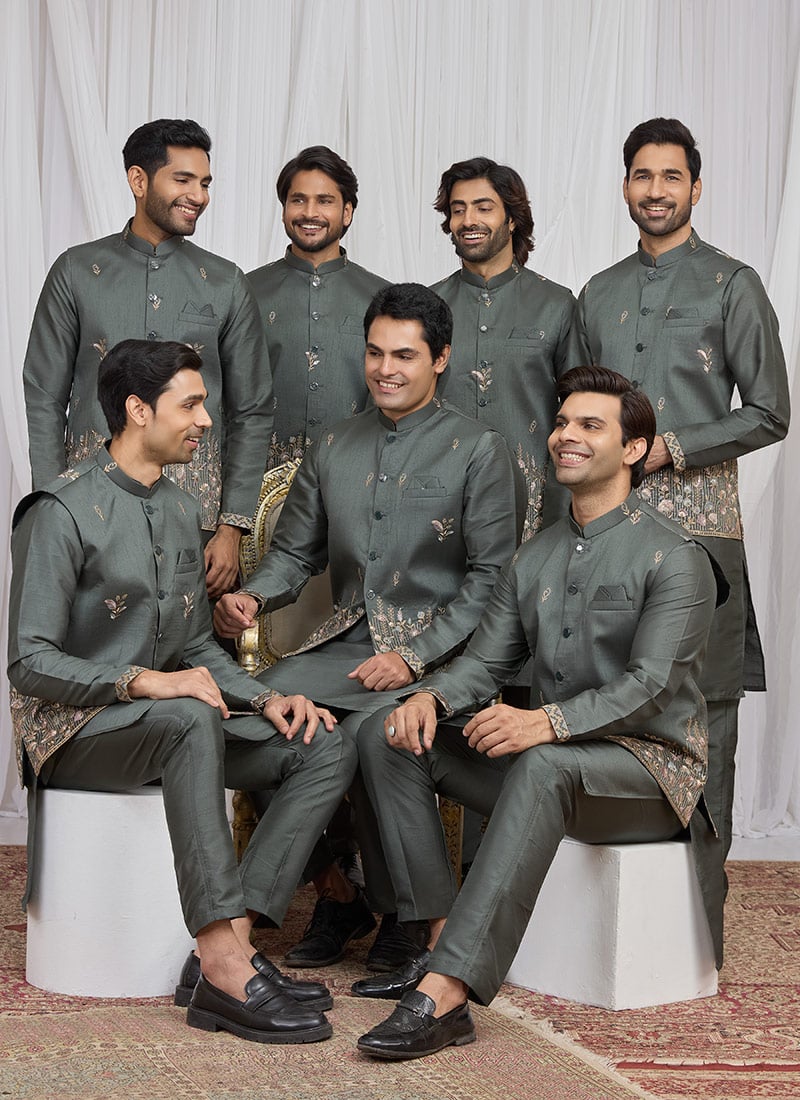 Green Silk Embroidered Sequins Thread Bandi Set Festive Wear