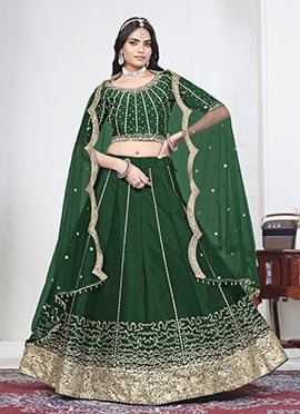 Green Silk Embroidered Sequins Umbrella Lehenga