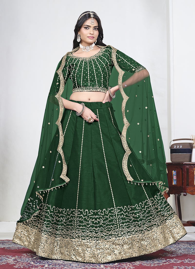 Green Silk Embroidered Sequins Umbrella Lehenga Festive Wear