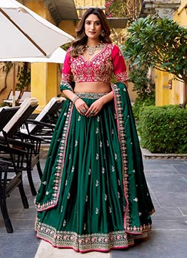 Green Silk Embroidered Sequins Umbrella Lehenga