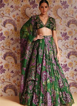 Green Silk Embroidered Sequins With Mirror Work Lehenga