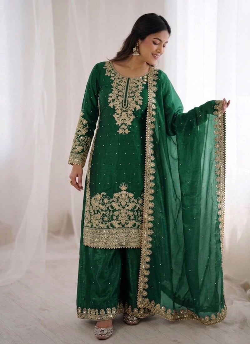 Green Silk Embroidered Sequins With Moti Work Palazzo Suit Festive Wear
