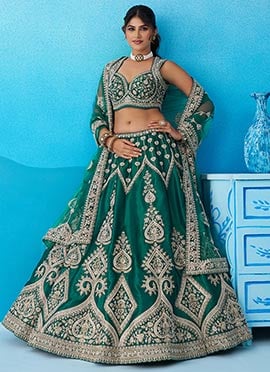 Green Silk Embroidered Sequins Zari Beads Work Lehenga