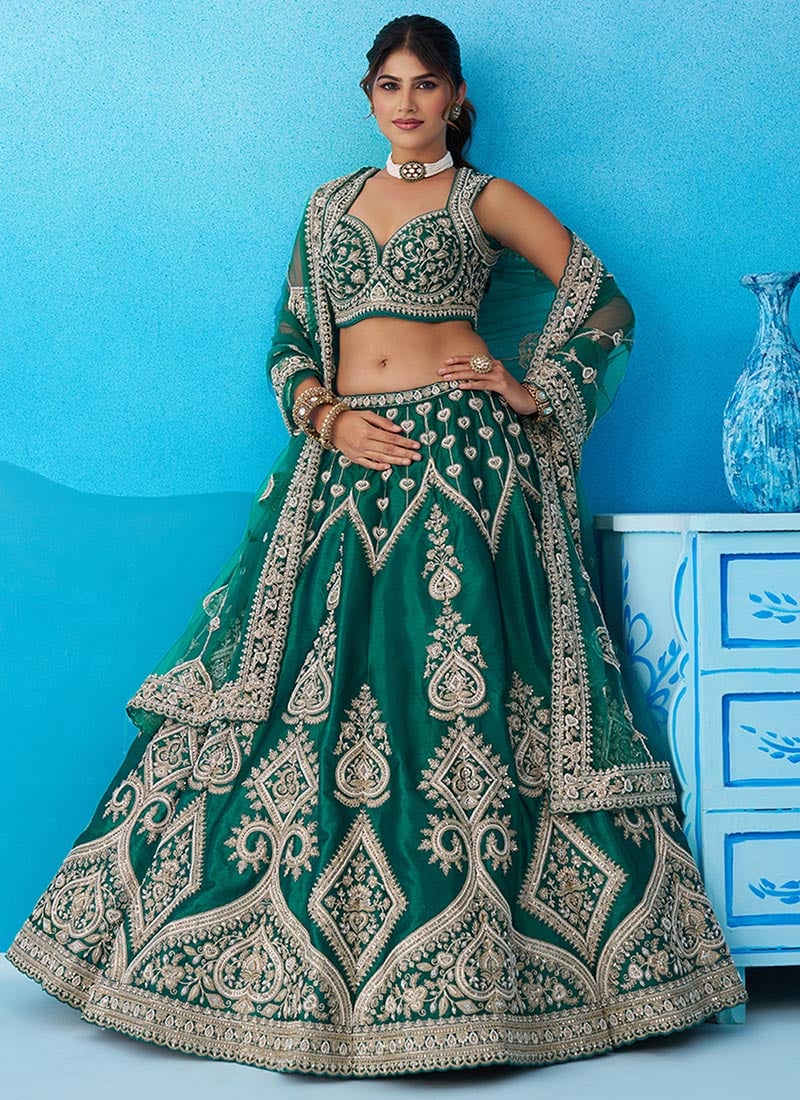 Green Silk Embroidered Sequins Zari Beads Work Lehenga Wedding Wear