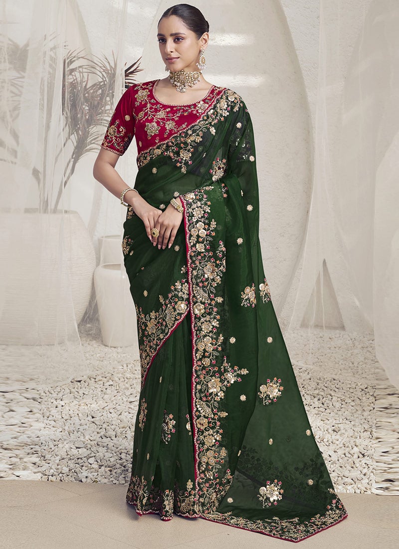 Green Silk Embroidered Stones And Sequins Saree