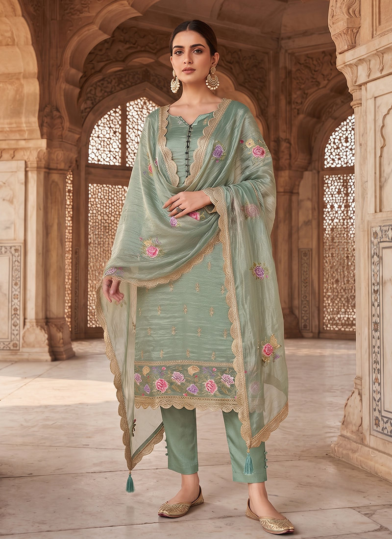 Green Silk Embroidered Straight Pant Suit After Six Wear